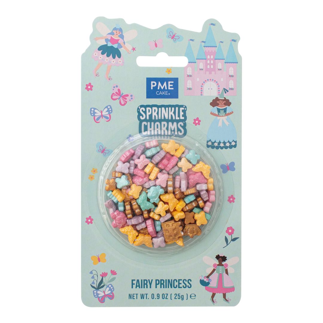 Packaged fairy princess-themed sprinkles with decorative packaging featuring fairies and castles.
