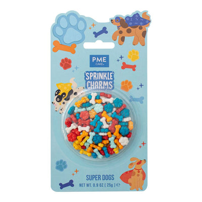 Packaging of Sprinkle Charms Super Dogs with colorful paw and dog bone-shaped sprinkles on a blue background.