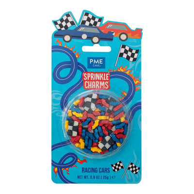 Packaging of PME Cake Sprinkle Charms Racing Cars on a white background