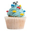Cupcake with blue frosting and colorful racing themed decorations on a white background 