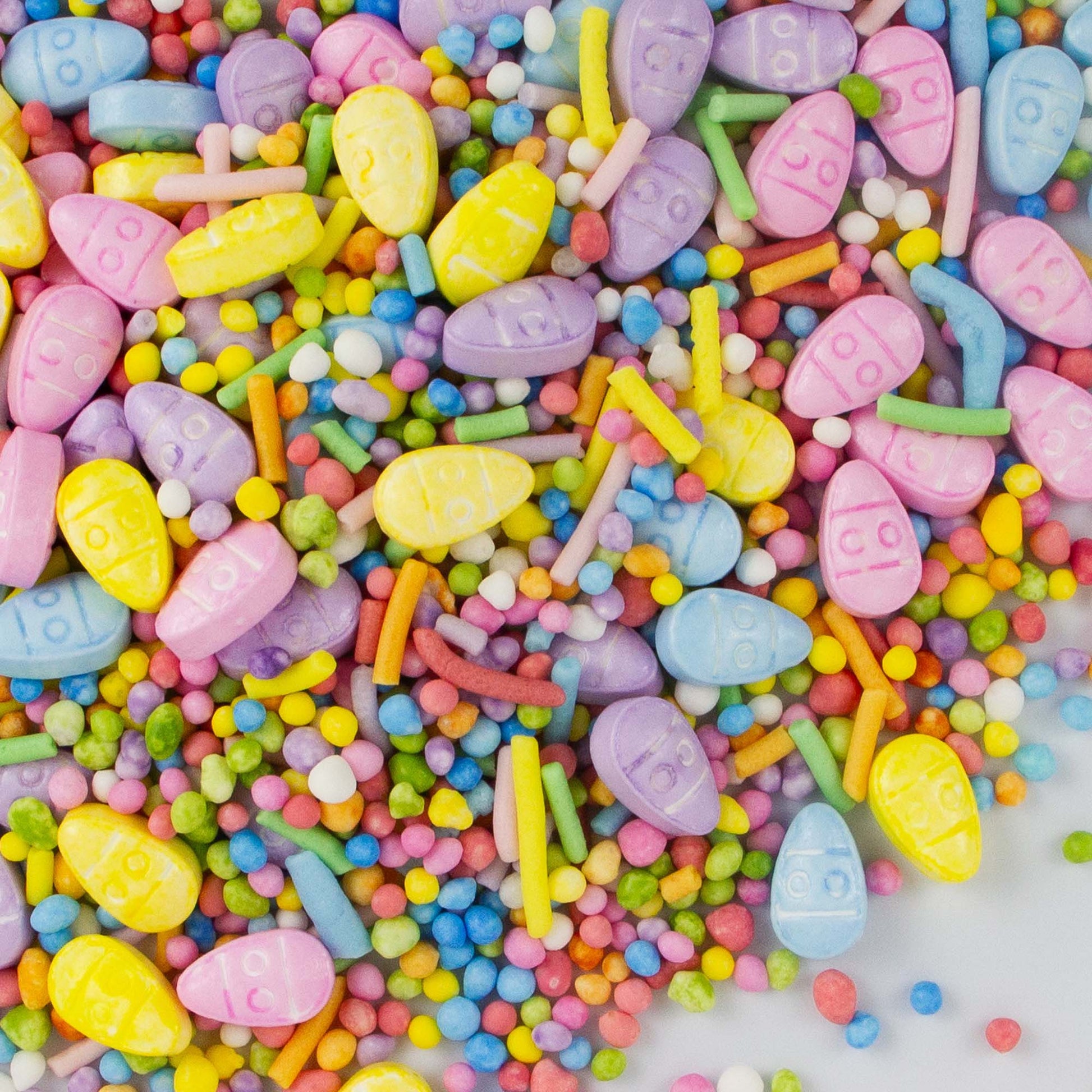 rainbow coloured sprinkles with pastel coloured eggs
