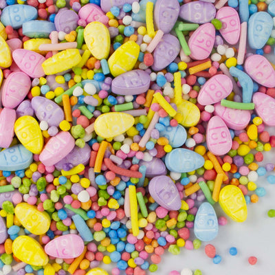 rainbow coloured sprinkles with pastel coloured eggs