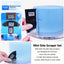 A blue iced cake with a metal scraper creating a pattern and a package of scrapers o white background