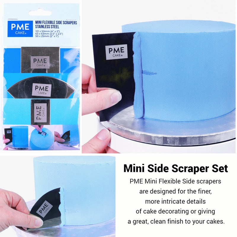 A blue iced cake with a metal scraper creating a pattern and a package of scrapers o white background