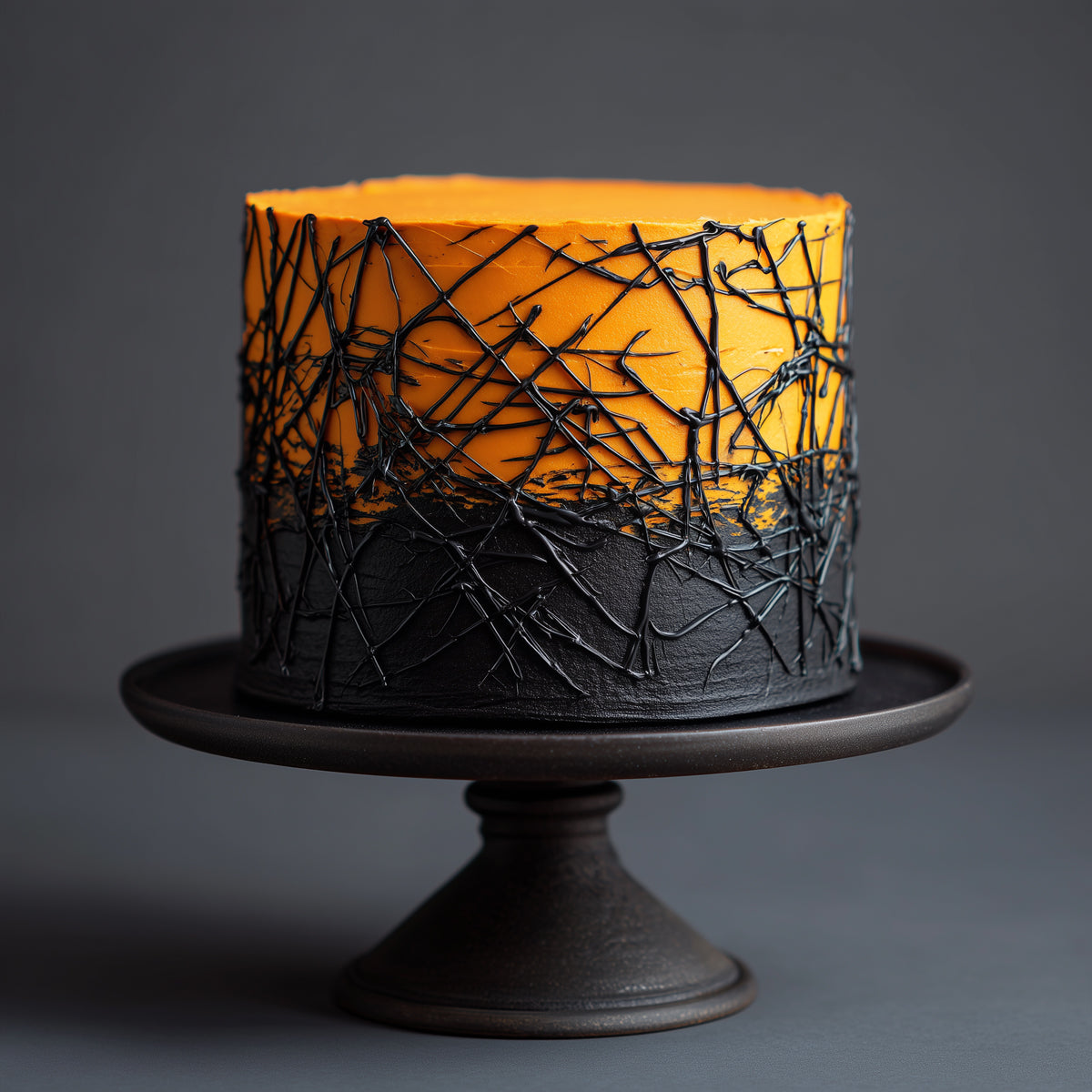 A cylindrical cake with a black and orange gradient design, decorated with a black branch-like pattern, displayed on a dark pedestal stand against a dark gray background.