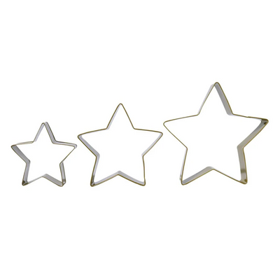 3 graduated star cookie cutters on white background