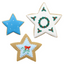 3 graduated iced star cookies in a Christmas themes on white background