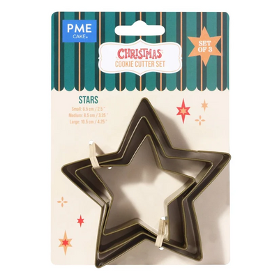 Set of 3 nesting star cookies cutters by PME on retail backing card