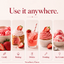 Promotional graphic for strawberry-flavored edible product in five vertical panels showing candy, cupcakes, a pink drink, frosted cupcakes, and ice cream, with the headline 'Use it anywhere.' and labels 'Candy', 'Baking', 'Drinks', 'Frosting', and 'Ice Cream'.