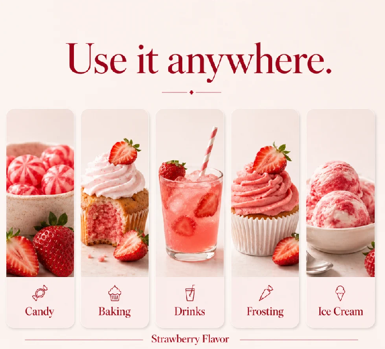 Promotional graphic for strawberry-flavored edible product in five vertical panels showing candy, cupcakes, a pink drink, frosted cupcakes, and ice cream, with the headline 'Use it anywhere.' and labels 'Candy', 'Baking', 'Drinks', 'Frosting', and 'Ice Cream'.