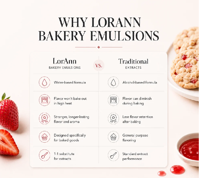 An infographic comparison graphic titled 'WHY LORANN BAKERY EMULSIONS' on a light cream background, showing a comparison table between LorAnn Bakery Emulsions and Traditional Extracts, with decorative strawberries and a cookie on the sides.