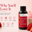 A bottle of LorAnn Better than extracts Strawberry Emulsion is displayed on a light pink background with promotional text and icons highlighting its features. The bottle is flanked by fresh strawberries and a pink dessert.