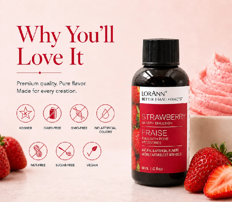 A bottle of LorAnn Better than extracts Strawberry Emulsion is displayed on a light pink background with promotional text and icons highlighting its features. The bottle is flanked by fresh strawberries and a pink dessert.