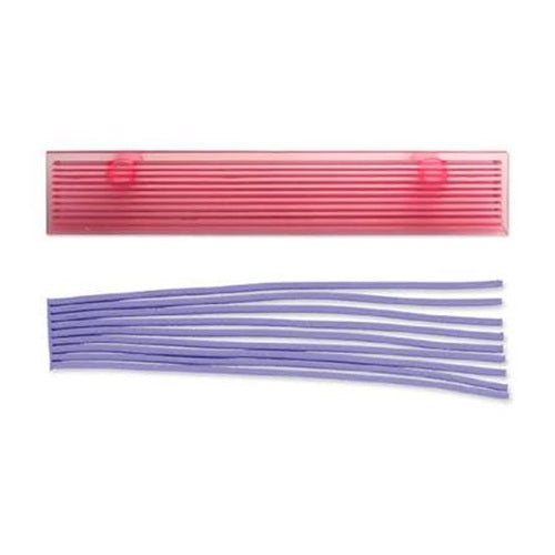 A pink rectangular plastic strip cutter tool with two small circular handles shown above a bundle of purple fondant strip pieces, on a plain white background.