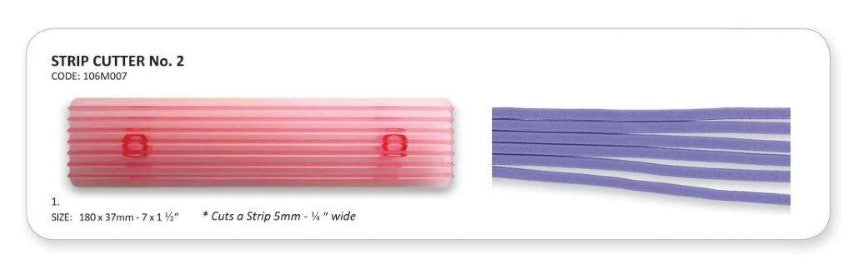 Strip cutter No. 2 tool shown on a white background, with a pink striped roller on the left and a purple cut fondant strips on the right.