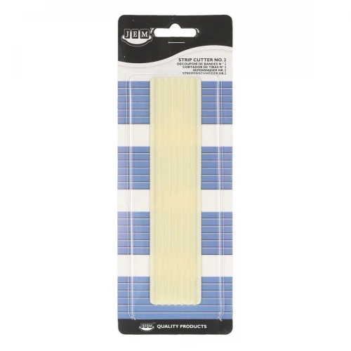 JBM Strips Cutter No. 2 in its original retail packaging, featuring a beige plastic strip inside a clear plastic sleeve with a blue and white striped backing card and black header.