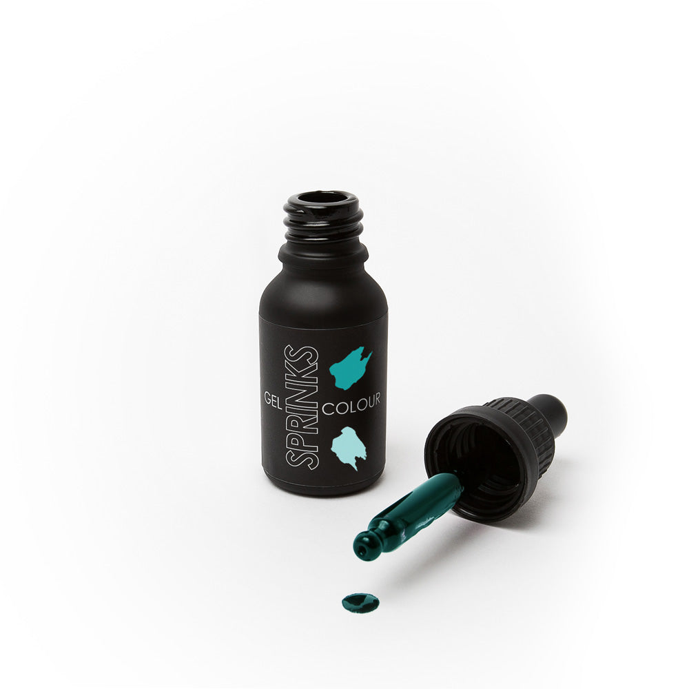 Black bottle of Sprinks gel color with open cap on a white background