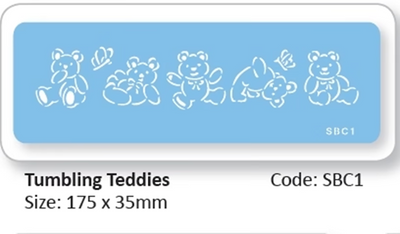 A product information graphic for a stencil featuring five white outlined drawings of teddy bears tumbling on a light blue background. The sheet is labeled 'SBC1' and the graphic below shows the text 'Tumbling Teddies', 'Size: 175 x 35mm', and 'Code: SBC1'.