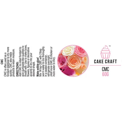 A flat product information label for Cake Craft CMC 60g. The left side contains usage directions and tips in black text, the center features a circular image of pink, peach, and cream frosting roses, and the right side displays the Cake Craft logo and product code.