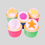 Six colorful cupcake-shaped items arranged in two rows on a light gray background. Each has a white top with a different sea-themed design: a yellow octopus, pink seashell, yellow fish, white seahorse, orange starfish, and yellow fish.