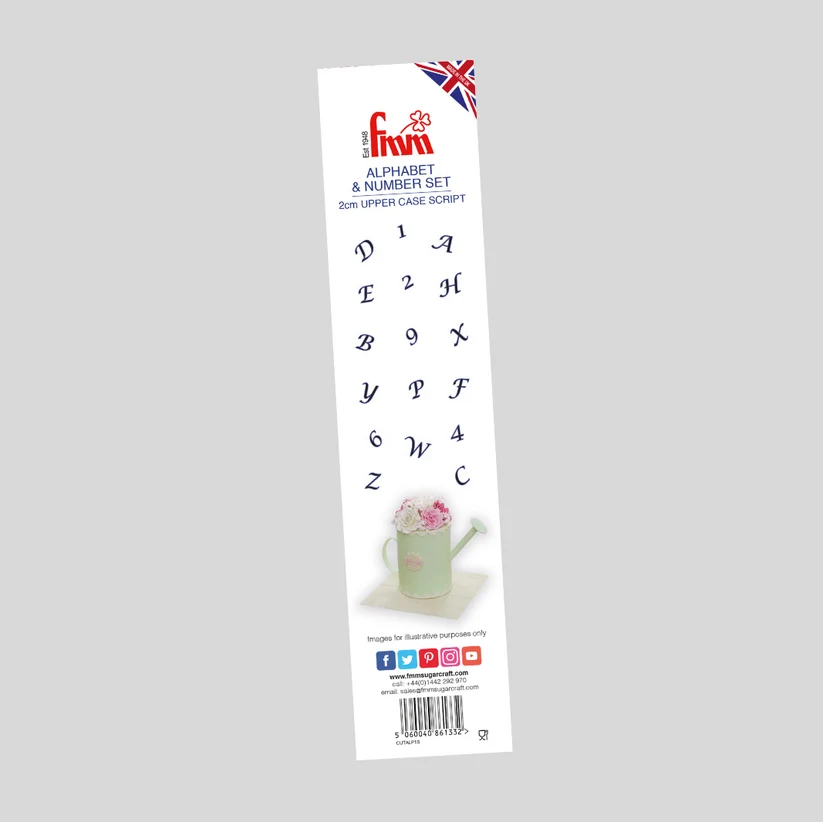 A tall, narrow retail package for a 20-piece alphabet and number set, shown against a plain light gray background. The package contains dark blue letter and number stickers, with sample graphics of a mug and flowers on the lower section.