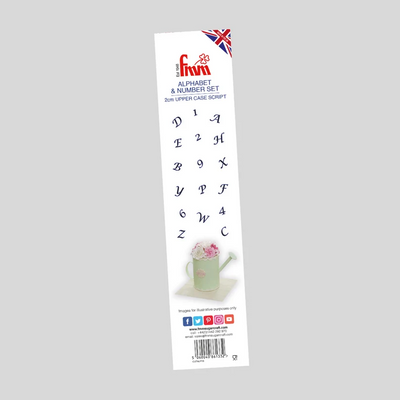 A tall, narrow retail package for a 20-piece alphabet and number set, shown against a plain light gray background. The package contains dark blue letter and number stickers, with sample graphics of a mug and flowers on the lower section.