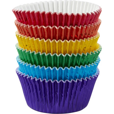 A stack of six metallic cupcake liners in rainbow colors: purple, blue, green, yellow, red, and white, shown on a plain white background.