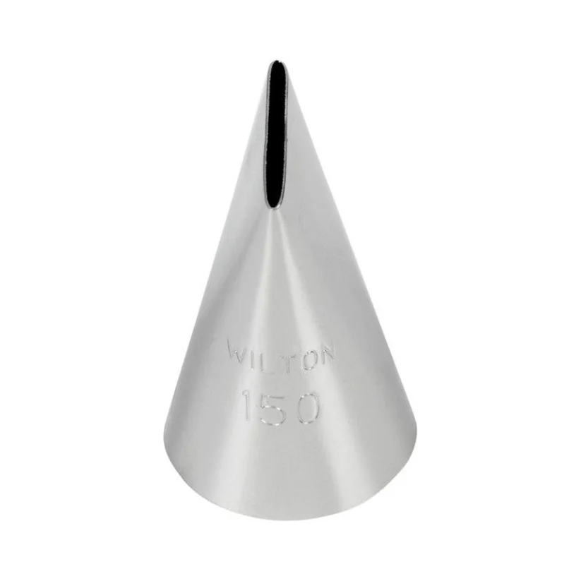 A single metal piping tip with a conical shape and a narrow slit at the top, stamped with the brand name 'WILTON' and number '150' on a plain white background.