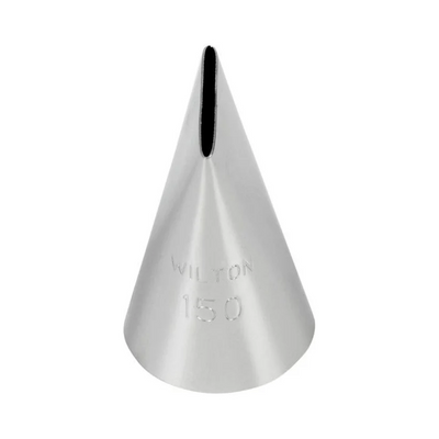 A single metal piping tip with a conical shape and a narrow slit at the top, stamped with the brand name 'WILTON' and number '150' on a plain white background.