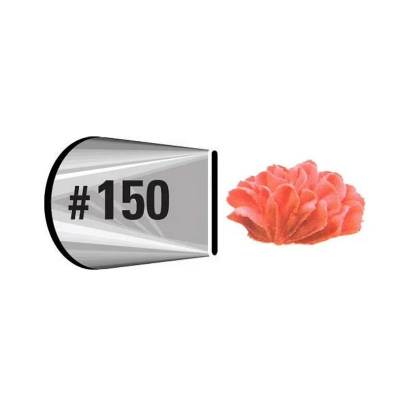 A silver metal icing tip labeled '#150' shown next to a small coral-pink flower-shaped piped decoration on a plain white background.