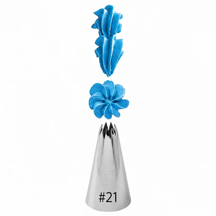 A Wilton 21 #21 metal icing tip shown with blue frosting demonstrated in two挤出 patterns against a white background.