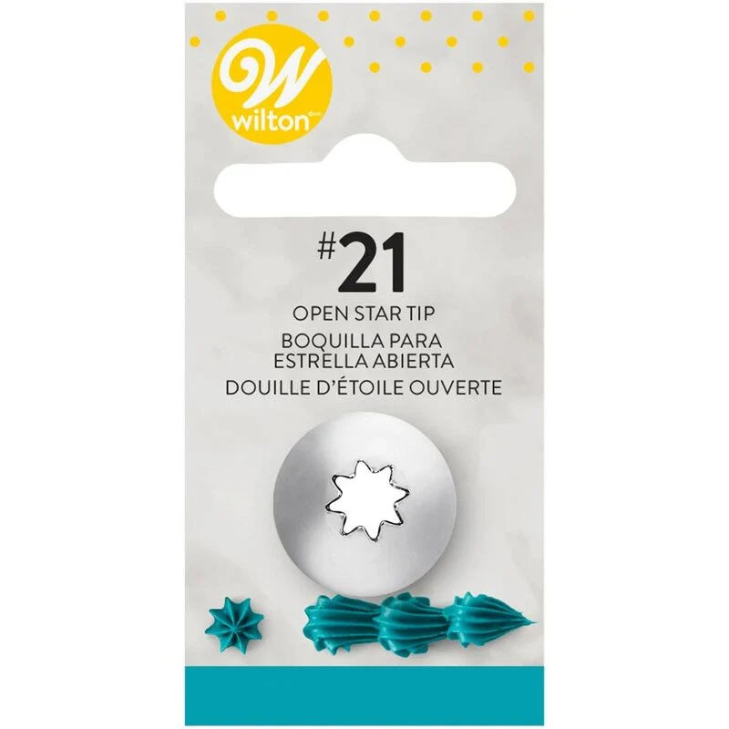 Wilton #21 Open Star Tip icing tip in its original retail packaging, featuring a silver metal star tip and teal-colored star-shaped icing tips shown on a white and gray card.