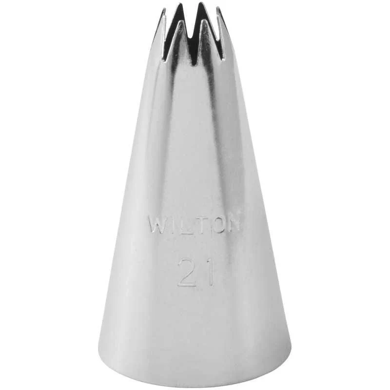Metallic piping tip with 'Wilton' branding on a white background