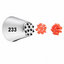 Metal baking tool with number 233 next to two red flower-shaped candies on a white background