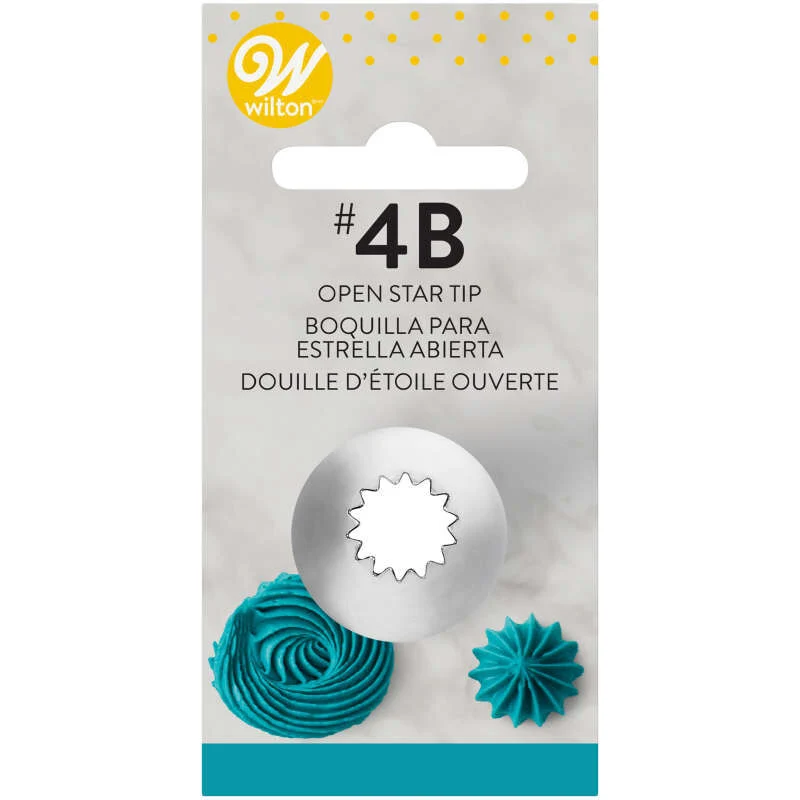 Wilton #4B Open Star Tip on its original retail packaging card. The card features the Wilton logo, product specifications in English and Spanish, a graphic of the silver metal tip, and examples of teal piped frosting using both the star tip.