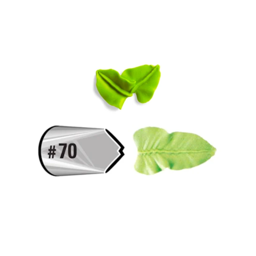 Green leaf-shaped cake decorating tool with a #70 marker on a white background