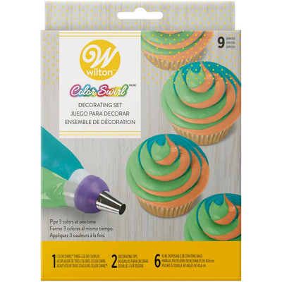 Wilton Color Swirl decorating set packaging with cupcake images on a white background