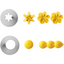 A set of piping tips and corresponding frosting shapes on a white background. The top row shows a star-shaped metal tip next to three yellow piped flower blooms.