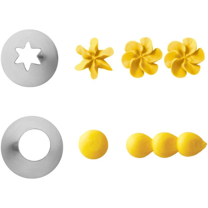 A set of piping tips and corresponding frosting shapes on a white background. The top row shows a star-shaped metal tip next to three yellow piped flower blooms.