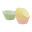 Three pastel-colored mini cupcake liners on a white background