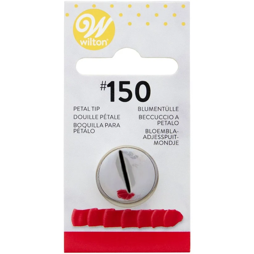 Wilton petal tip with red icing examples on packaging