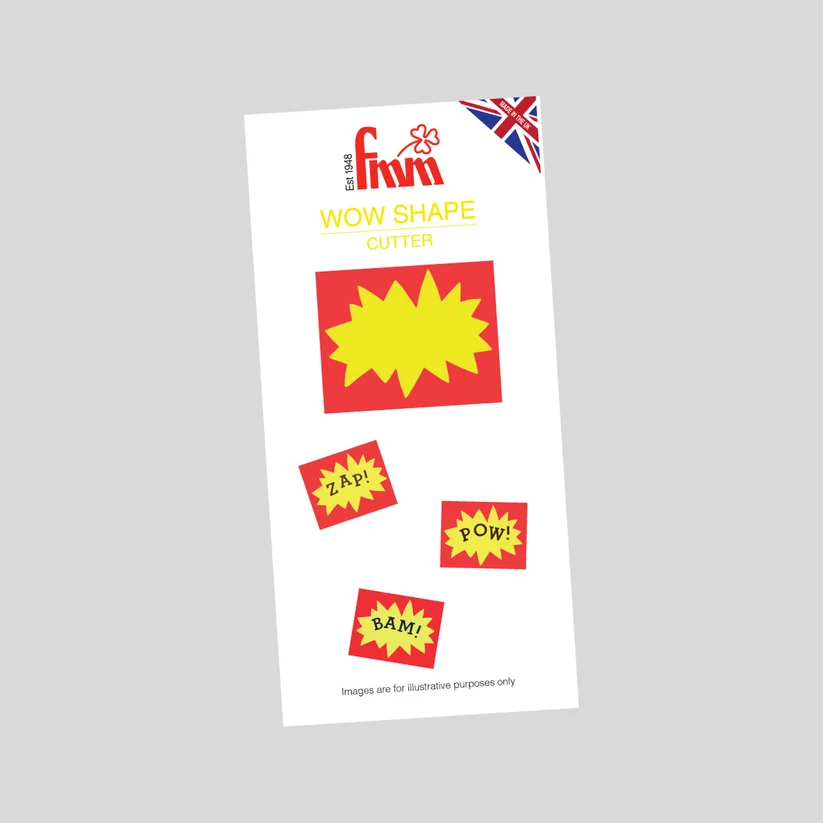 A white product card for a 'WOW SHAPE CUTTER' by the brand 'fmm' featuring red and yellow comic-style starburst shapes with text like 'ZAP!', 'POW!', and 'BAM!' on a light gray background.