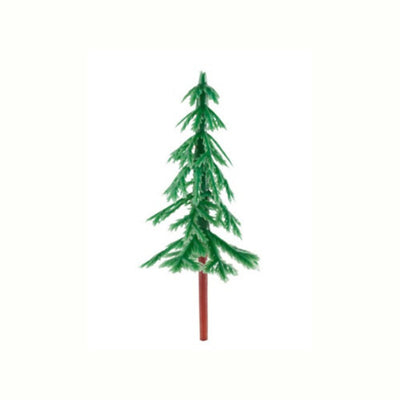 A miniature green artificial Christmas pine tree with a brown trunk, isolated on a solid white background.