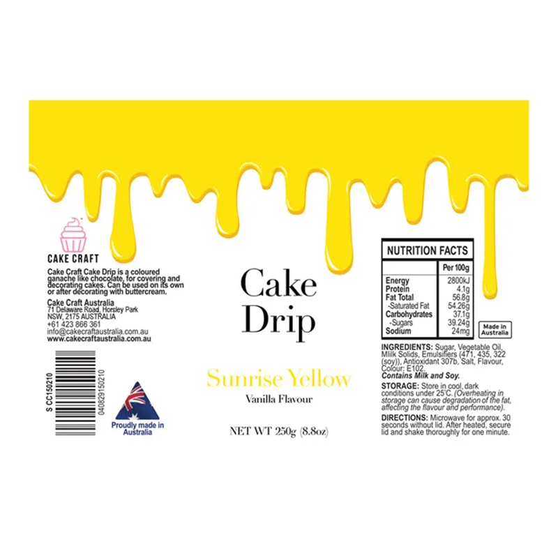 Cake Craft coloured chocolate Cake drip 250g Yellow, information label