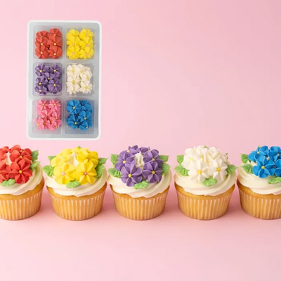 Apple blossom pack 60 royal icing flowers and examples of decorated cupcakes