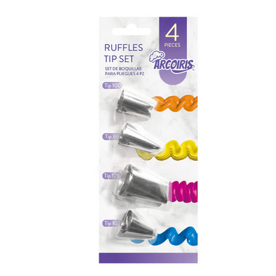 Packaging of Arcoiris ruffles tip set with four silver tips on a white background