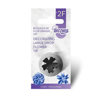 Decorating large 2F drop flower tip packaging with Arcoiris branding on a white background