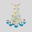 A 3-tier white cake decorated with colorful bicycle-themed illustrations, a bicycle topper, and a 'FINISH' banner, surrounded by six blue cupcake toppers on a light gray background.