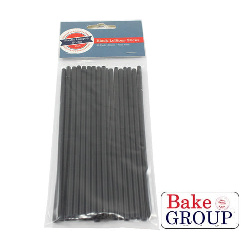 Pack of black lollipop sticks with 'Bake Group' branding on a white background