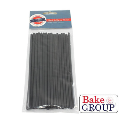 Pack of black lollipop sticks with 'Bake Group' branding on a white background